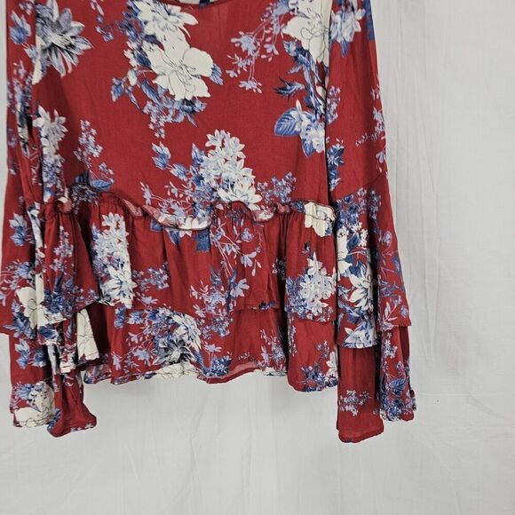 Altar'd State Women's  Size Medium Red Floral Ruffle Blouse Bell Sleeve Tie Neck - Picture 2 of 7